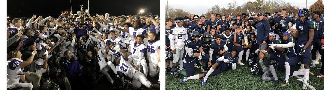 Gonzaga (on Left, Capital Conference) and St. Mary's Ryken (on Right, Metro Conference) win the 2018 WCAC Football Championships.