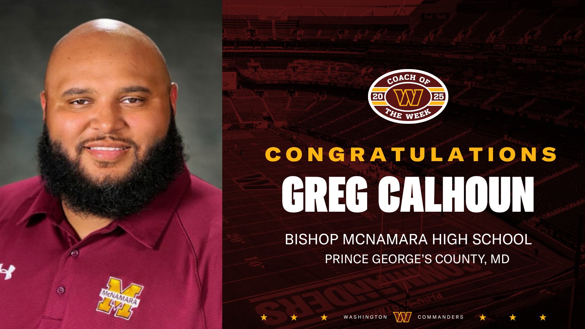 Greg Calhoun Named Week 6 Commanders Coach of the Week!