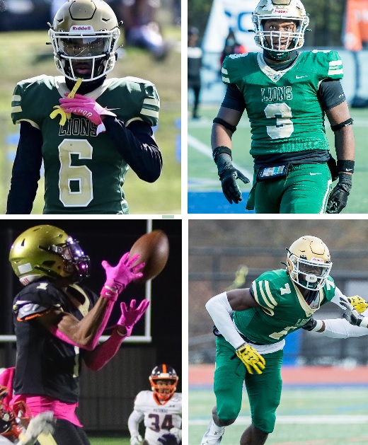 Archbishop Carroll's Jamarr Ebron (top left) and St. Paul VI Catholic's Dug McDaniel (bottom left) are the Offensive Players of the Year.  Carroll's Shon Reid (top right) and Nyckoles Harbor (bottom right) are the Defensive Players of the Year.